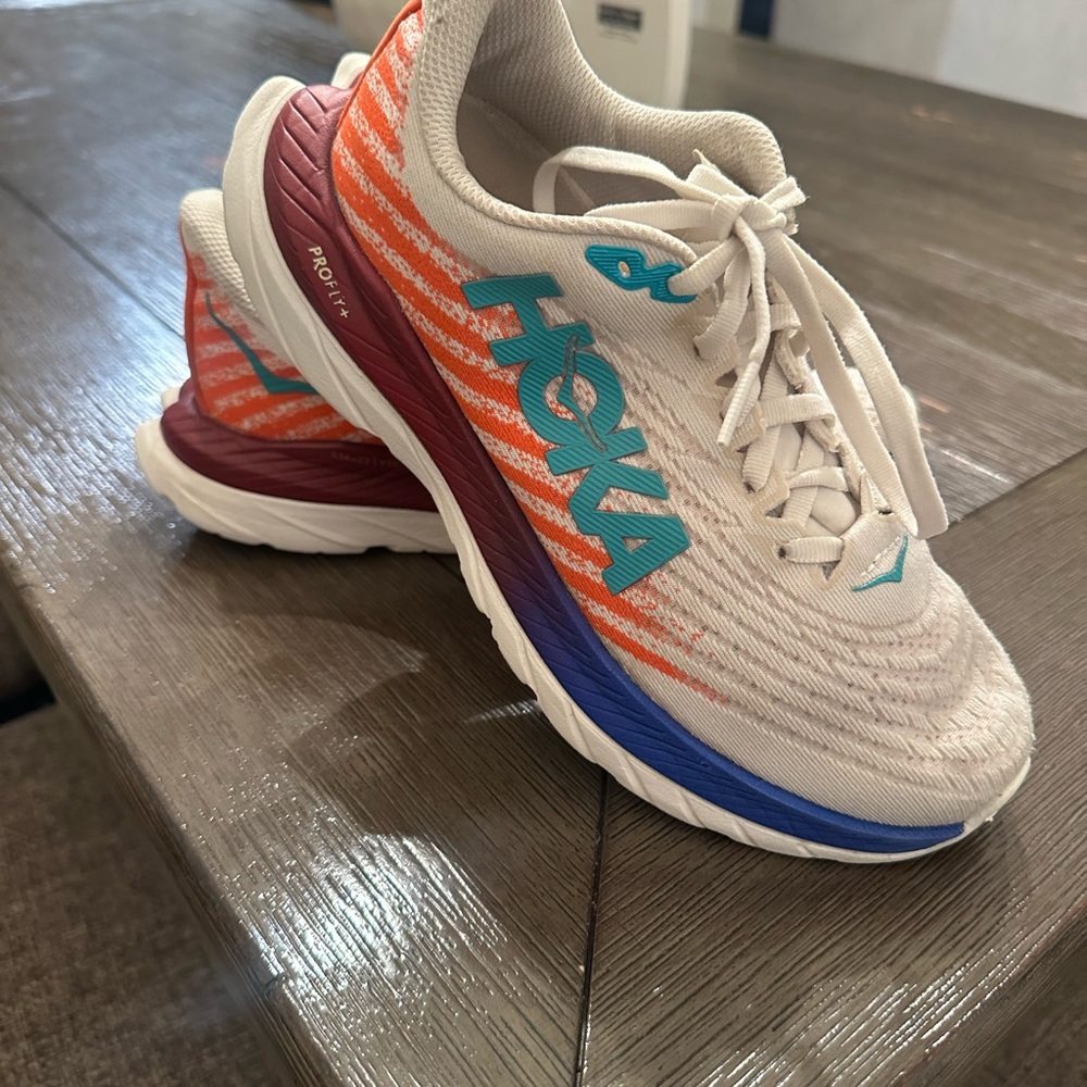 Hoka White and Orange Athletic Shoes with Blue Accents - Picture 4 of 8